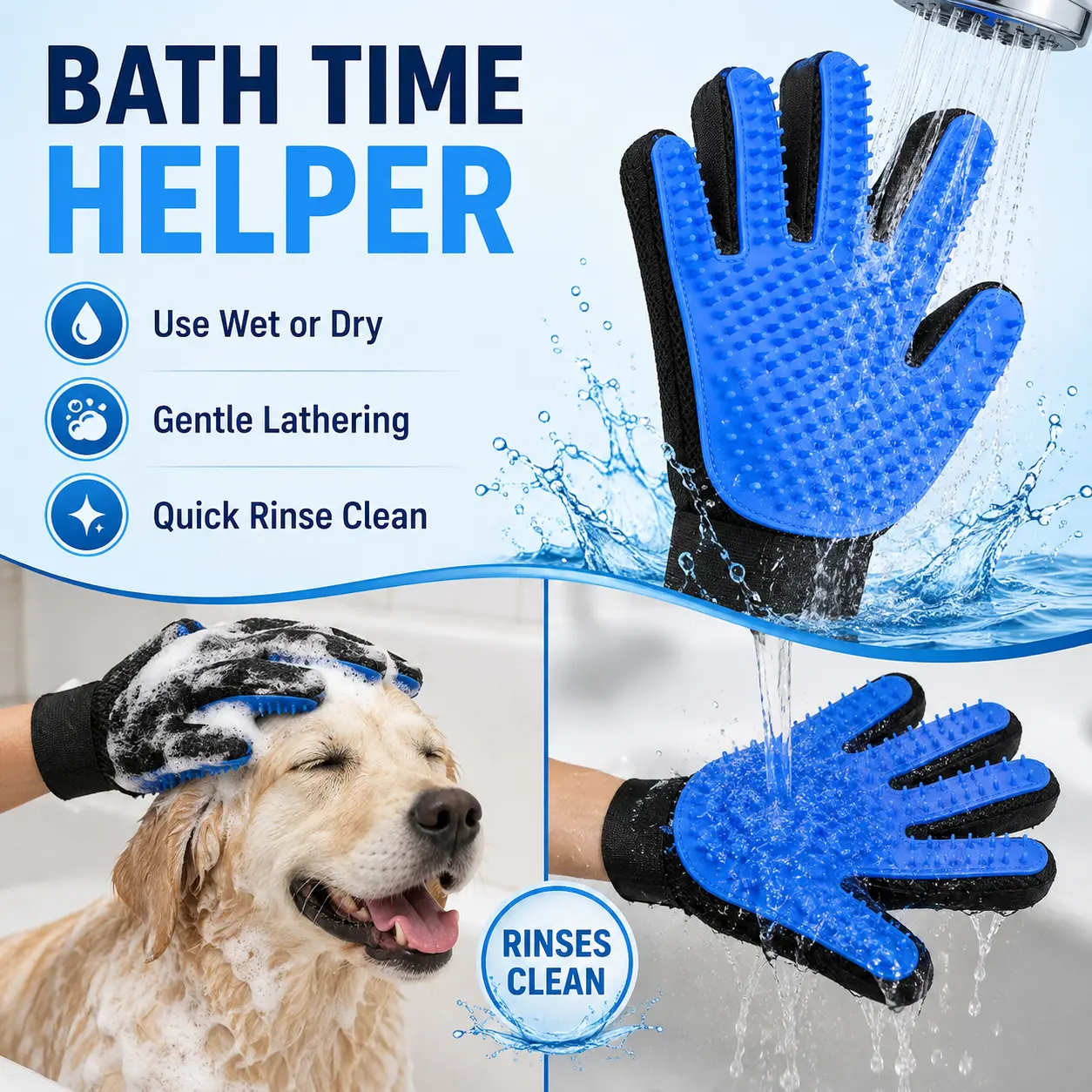 Pet Grooming Gloves, Upgrade Version with Enhanced 255 Silicone Grooming Tips, Hair Remover Mittens for Dogs & Cats, Bath Brush, 2-in-1 Deshedding & Massage Mitt, 5-Finger Flexible Design, for Bathing & Grooming, Safe for Long/Short/Curly Hair Pets - MM2