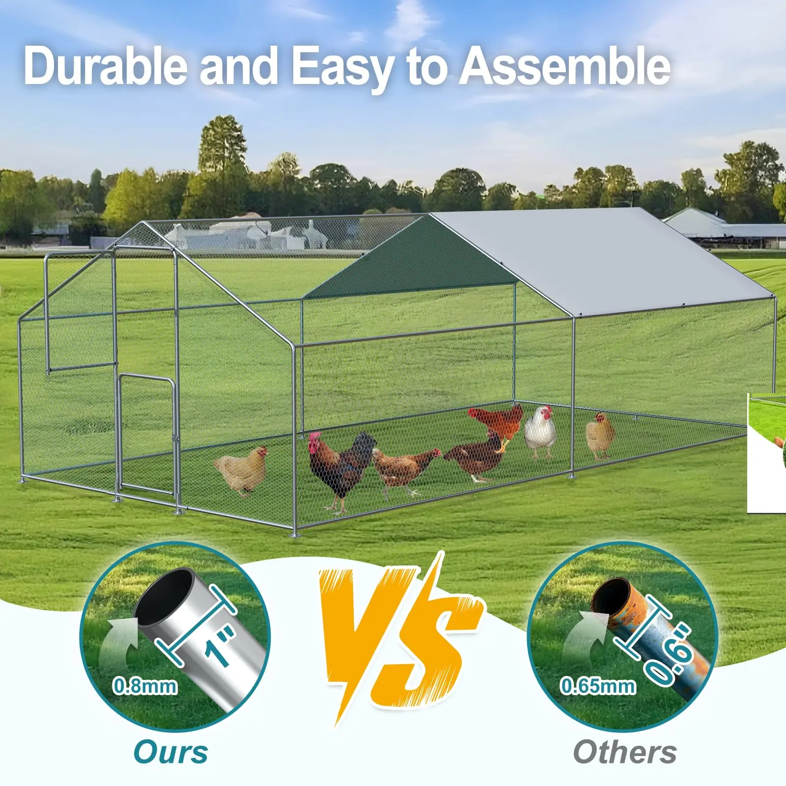 Large Chicken Coop, Chicken Coops for 10 Chickens, Chicken Runs for Yard with Water Poof & UV Resistance Cover, Dome Roof Chicken Coop Run with Double Lockable Doors for Outdoor Backyard