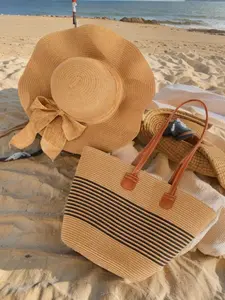 Women's Foldable Straw Hat & Handbag Set, Large Capacity Shoulder Bag & Sun Hat, Fashionable Wave Shaped Beach Sunshade, Sunscreen, UV Protection SPF50+ Lightweight Sun Hat