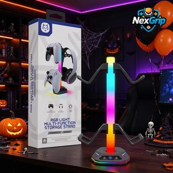 Solid RGB 4-in-1 Game Controller Holder, USB LED Gaming Peripherals Organizer, Easy-Access Storage Stand Compatible with PS5, PS4 Controllers, Switch & Headset (HS-P5S023A), Black Friday 2026, Halloween & Christmas Gift Ideas