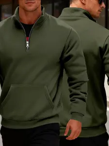 Men's High-Quality Half-Zip Fleece Sweatshirt, Casual Long Sleeve Stand Collar Pullover, Athleisure Street Fit, Fall Winter Outdoor Hiking Sportswear, Athletic Training Apparel, Kangaroo Pocket Sweatshirt, Sweatshirt Alternative
