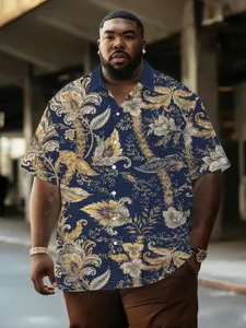 Men's Navy Gold European Floral Shirt, Vintage Luxury Large Size, Summer Breathable Casual Daily Wear, Loose-Fitting Shirt for Men