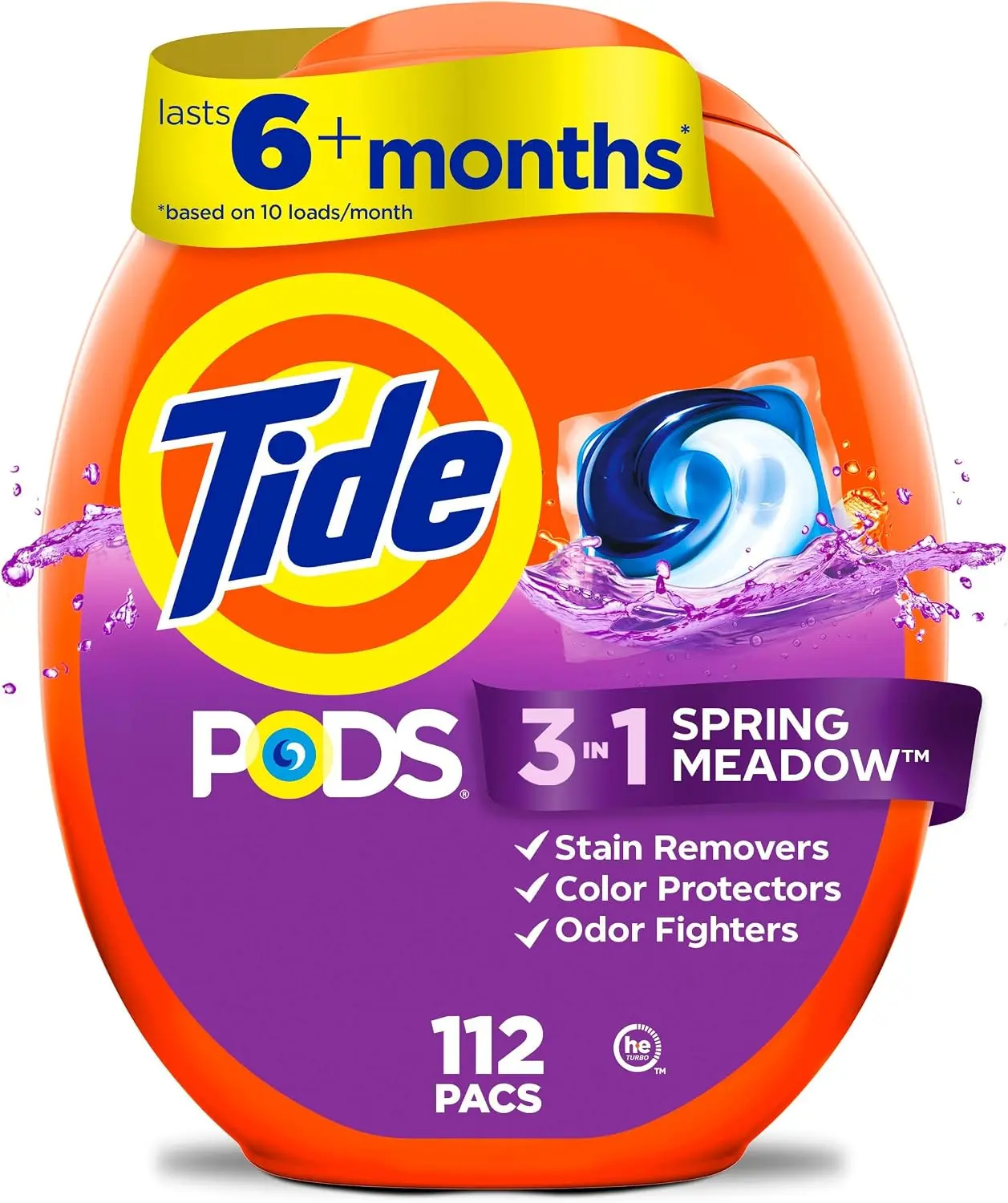 Tide PODS laundry detergent pacs, 3-in-1 Stain Remover, Odor Fighter, Color Protector, 112 Count, HE compatible, Spring Meadow Scent