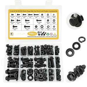 Metric Flange Bolt . 300 count M6 M8 M10 Bolt Kit,M6 x1.0 M8 x1.25 M10-1.25 (12mm to 35mm) Hex  Nuts and Washers Kit,Black Zinc Plated