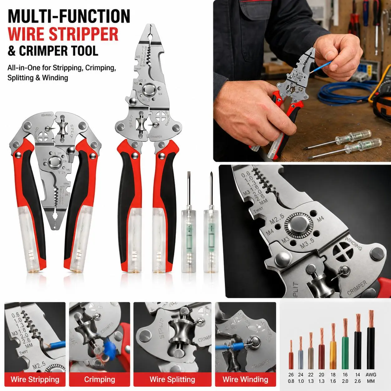 16 In 1 Foldable Voltage Tester Wire Stripper Pliers, 12V-250V AC DC Live Neutral Hot Wire Judgment, Multifunctional Cable Cutter Crimper Wire Twister With Flashing LED & Audible Alarm, Equipped With Replaceable Flat & Phillips Test Probe Screwdriver Bits