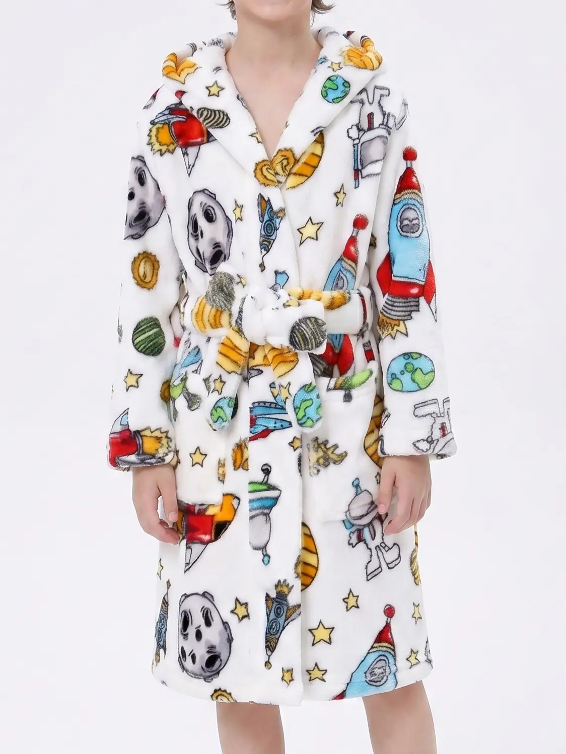 Kids Cartoon Design White Space Print Hooded Bathrobe, Soft Plush Fleece Robe with Belt and Pockets, Boys Warm Sleepwear Loungewear for Bath Home, Cartoon Design Bathrobes