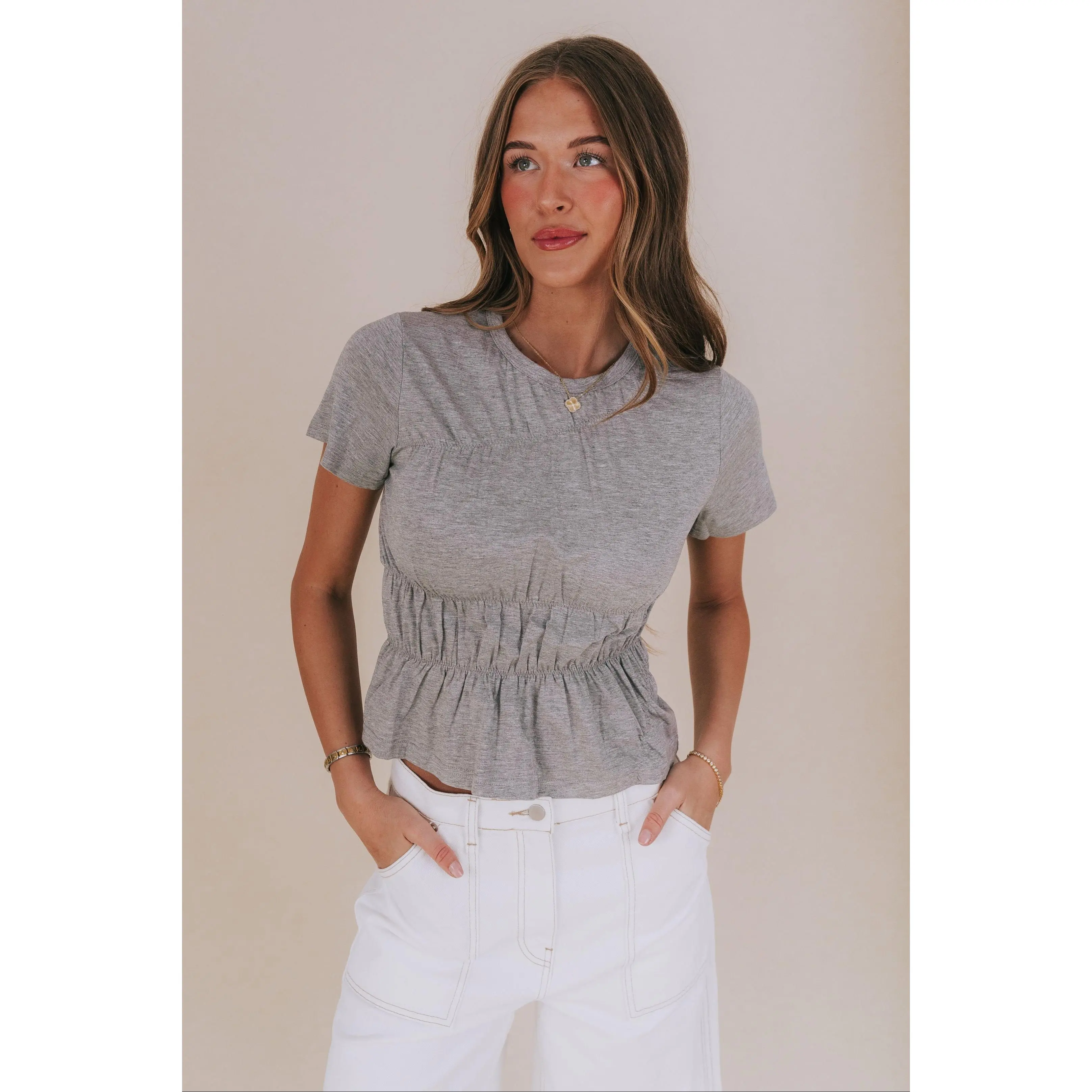 Women's Fitted Crew Neck Shirt with Asymmetrical Smocking, Heather Grey Short Sleeve Top in a Stretch Rayon Cotton Blend, Fit