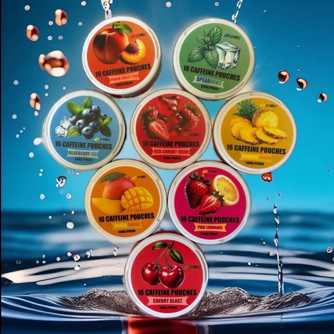 Sugar-Free Gluten-Free Nootropic Caffeine Beverage Pouches (8-Pack, 56mg Each) with Brazilian Guarana Seeds Energy Boost - Pink Lemonade, Blueberry, Peach Sweet Tea, Spearmint, Mango Crush, Strawberry, Cherry Blast, Pineapple Crush Flavors