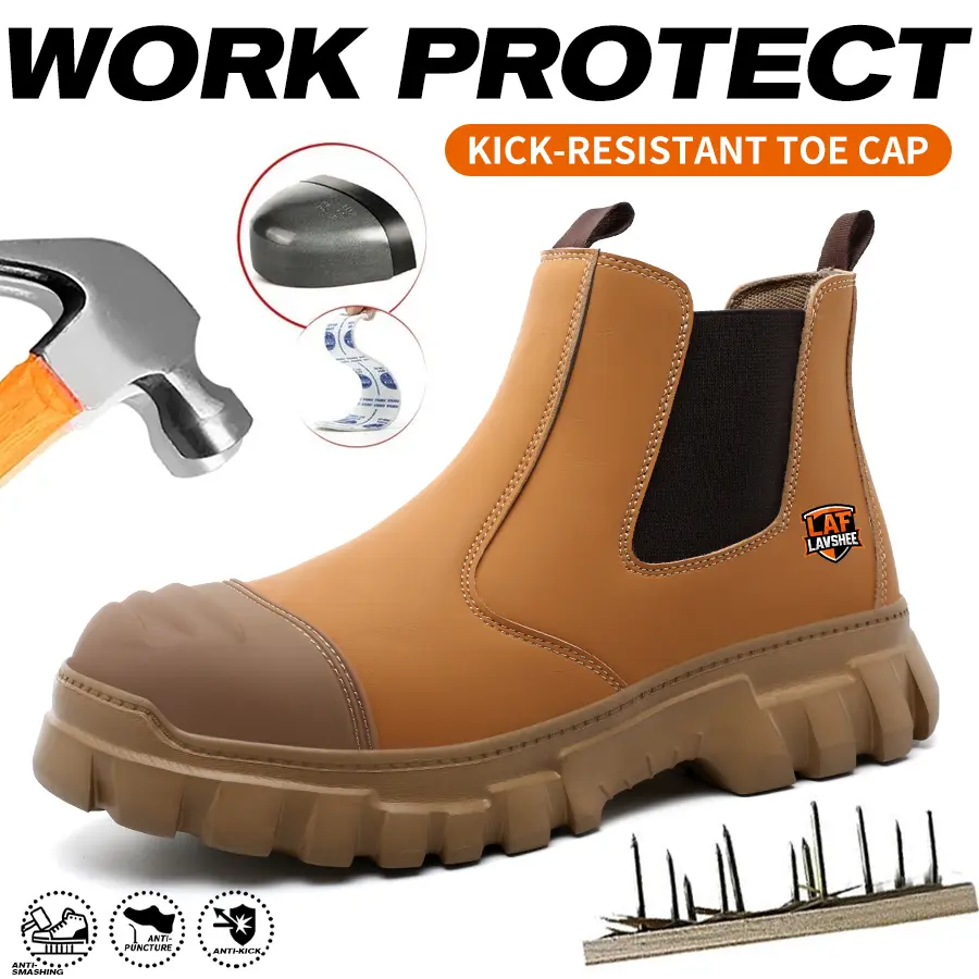 Lightweight steel toe brown anti slip work shoes - splash proof, smash proof, puncture proof, breathable safety shoes SpringStatements Footwear Closed Worker, Round Toe, Plain, All Seasons, Leather Upper Men's Sneakers Anti-Smashing summervibes,summervibe