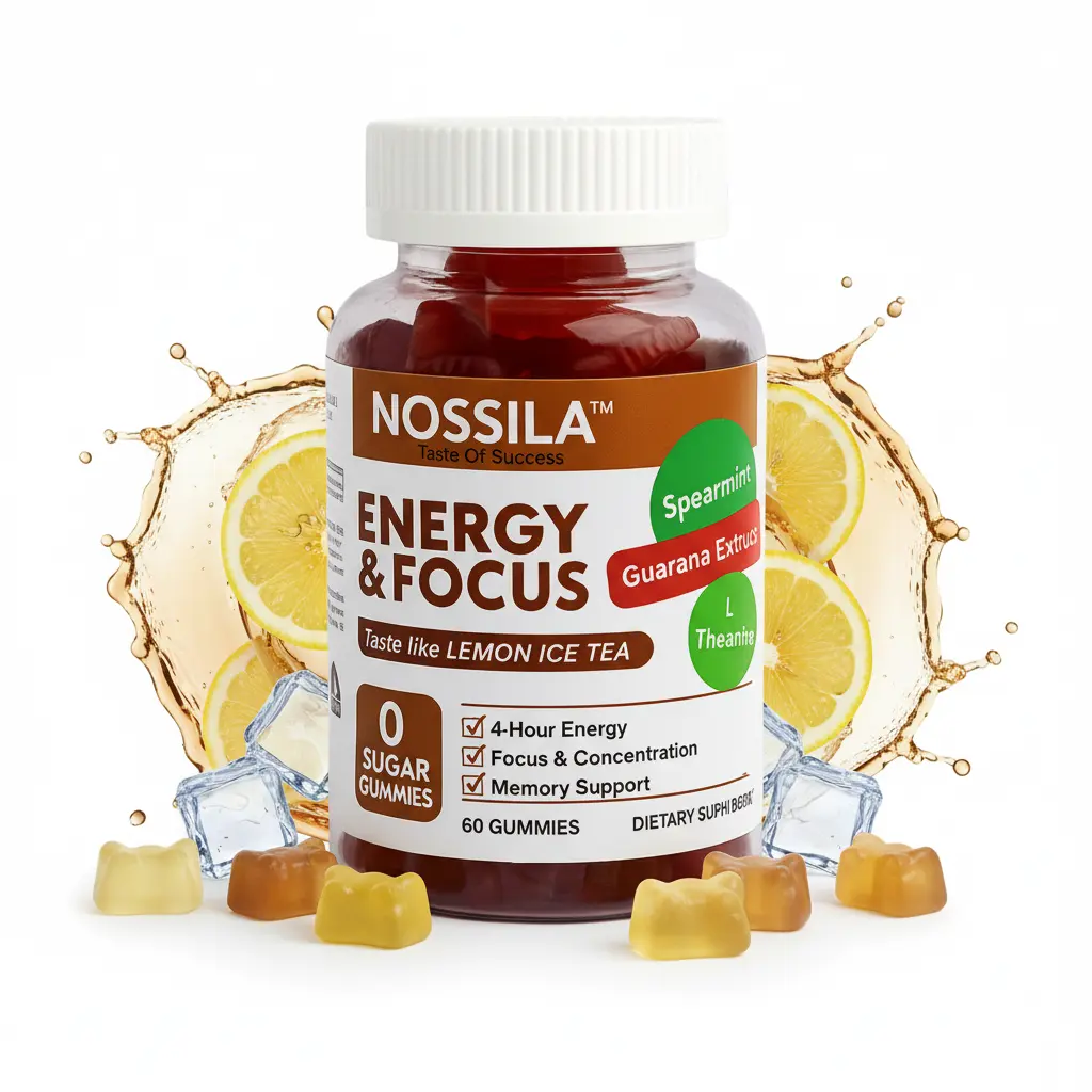 Nossila Energy & Focus Gummies for Adults - 60 Count, Sugar-Free, Vegan, Lemon Tea Flavor, Brain Support with Guarana, L-Theanine, Green Tea & Vitamin B12