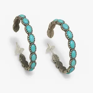 Two Step Cowgirl Blue Crackle Stone Western Fashion Hoops 1.77 Inch Subtle Statement Western Charm Earrings Ear Hook Design