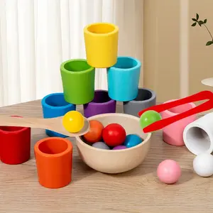 Wooden Durable Shape Sorter Toy, Colorful 10 Ball & 10 Cups & 1 Tongs & 1 Spoon & 1 Bowl Set, Birthday Gifts