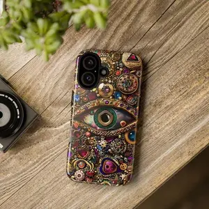 Evil Eye Charm Mosaic Phone Case, Collage Design with Realistic Gold and Purple Gem Effects,phone Case Suitable for Iphone 11/12/13/14/15/16/17 Pro Promax Plus Air