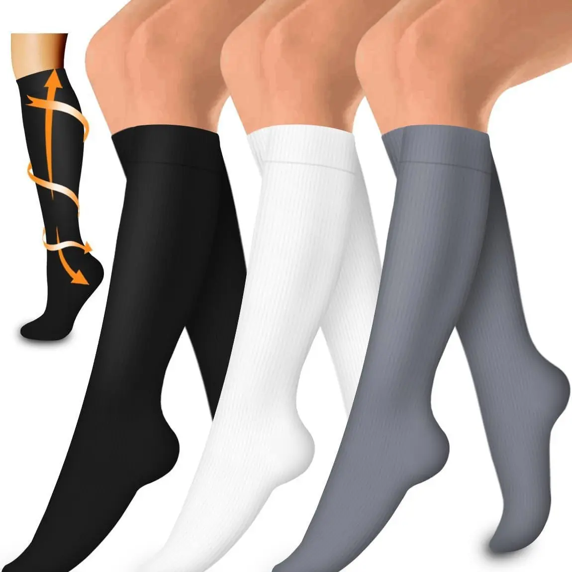 3/5 Pairs Compression Socks for Women and Men, Comfortable Knee High Socks, Breathable Stretch Nylon Cotton Blend for Running Cycling Work Travel, Everyday Athletic Socks Multi Pack