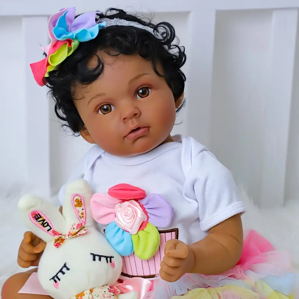 Handcrafted Real Mini Size Reborn Doll-Hand Rooted Curly Hair Newborn Dolls, Dark Brown Skin, Soft Touch Handmade Reborn Dolls-Ideal Gifts For Holidays Birthday