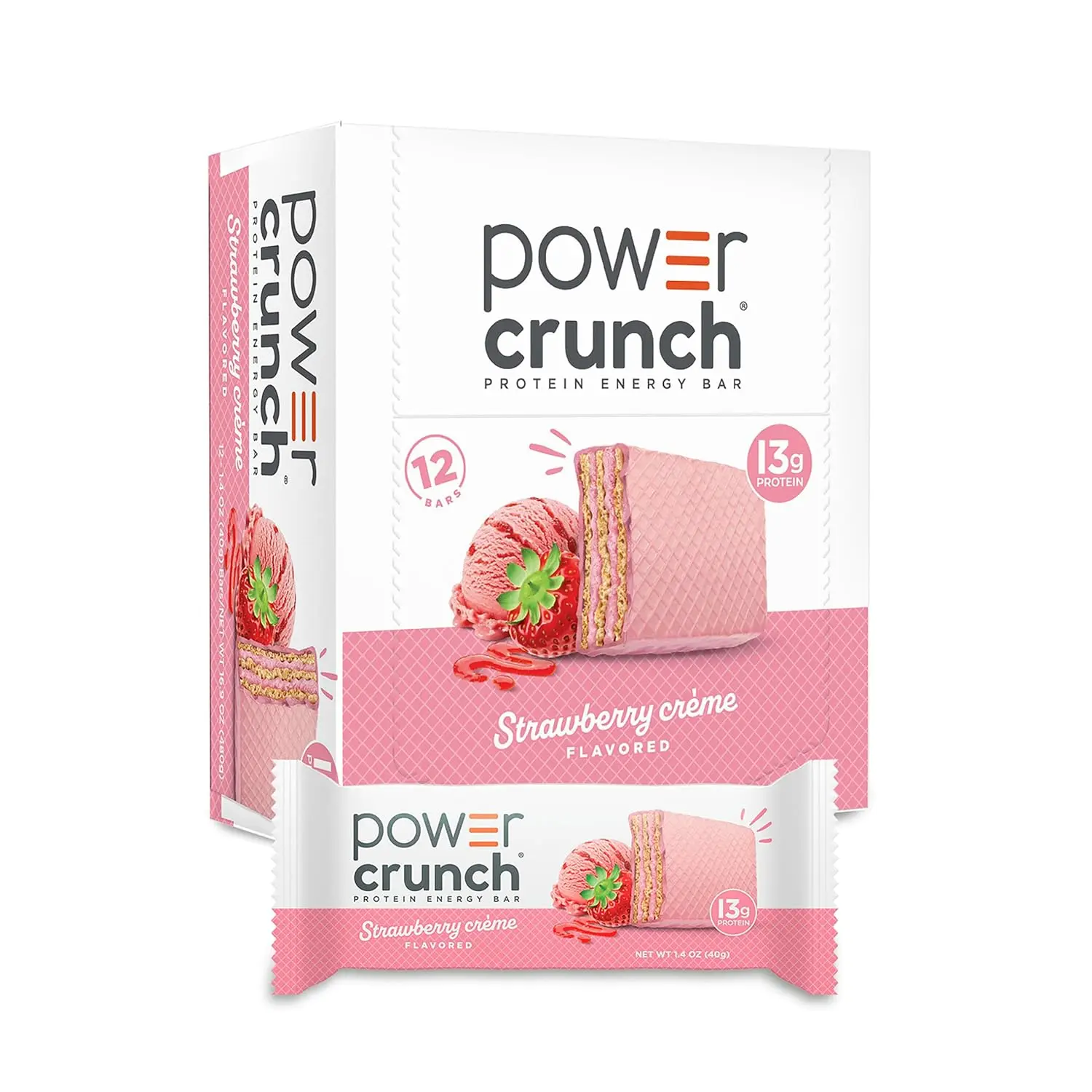 Power Crunch Protein Energy Wafer Snack Bars, Strawberry Creme Flavor, 1.4 oz (12 Count)