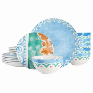 212 MAIN 18-Piece Colorful Playful Saffron Round Fine Ceramic Tableware Set - Golden Blue, Includes Plates and Bowls (Spice by Tia Mowry Collection)