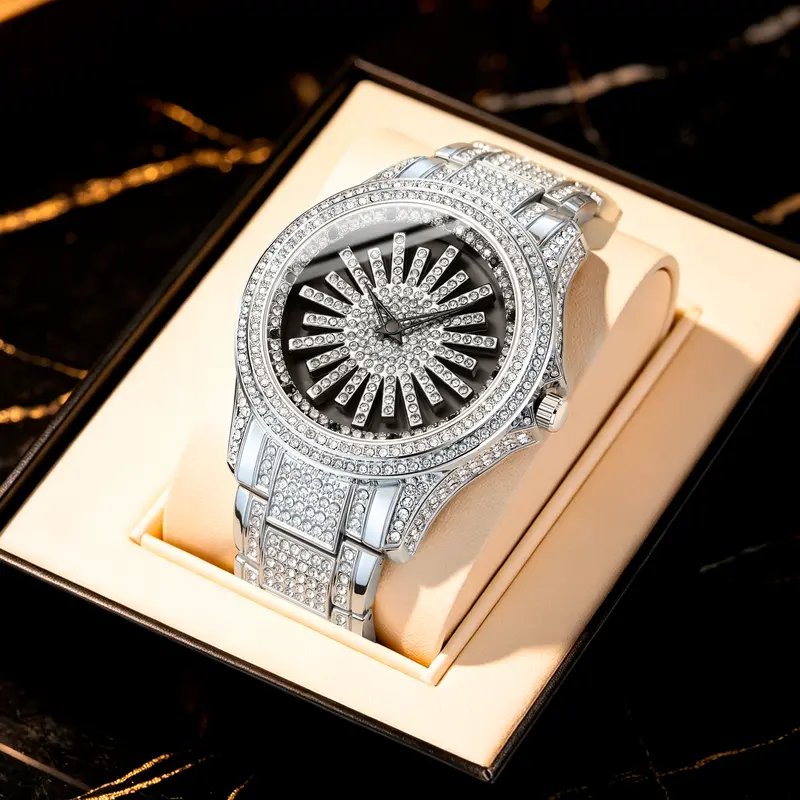 Men’s 46mm Rotating Starburst Dial Iced Out Stainless Steel Analog Quartz Wristwatch - Alloy, Diamond-Embellished, 30M - 50M Water Resistant, Clasp Closure, Modern Fashion Party Hip Hop Jewelry Gift