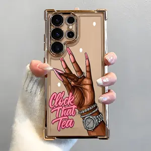 Fashion Hand and Clock That Tea Text Pattern Phone Case, Electroplated Cover with Airbag Shockproof Slim Soft TPU Cover for Samsung S26 S25 S24 S23 S22 Ultra S25Edge S24FE Plus S25+