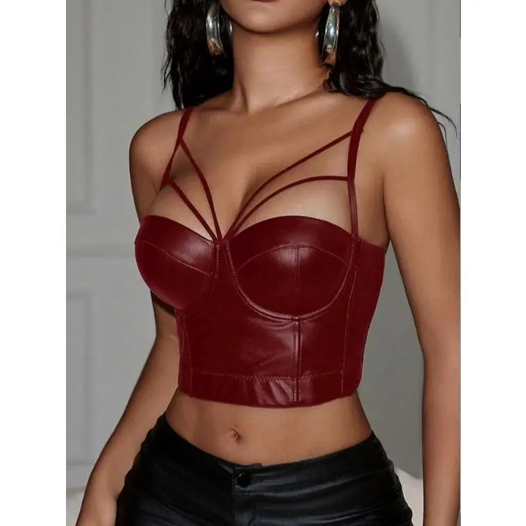 Apperloth Studio Women Faux Leather Strappy Corset Crop Top Sexy Cutout Bustier With Crisscross Straps For Party Nightout OOTD(Size up for fit))