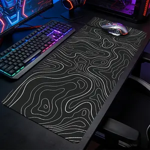 Black White Topographic Contour Pattern Large-Sized Gaming Mouse Pad, Computer Accessories For Desk, Minimalist Map Style Desktop Protection Pad, Anti-Slip Rubber Lock Edge High-Definition Printing, Suitable For Computers, Offices, Great Gift