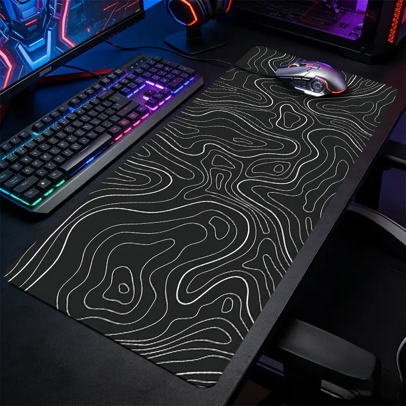 Black White Topographic Contour Pattern Large-Sized Gaming Mouse Pad, Computer Accessories For Desk, Minimalist Map Style Desktop Protection Pad, Anti-Slip Rubber Lock Edge High-Definition Printing, Suitable For Computers, Offices, Great Gift