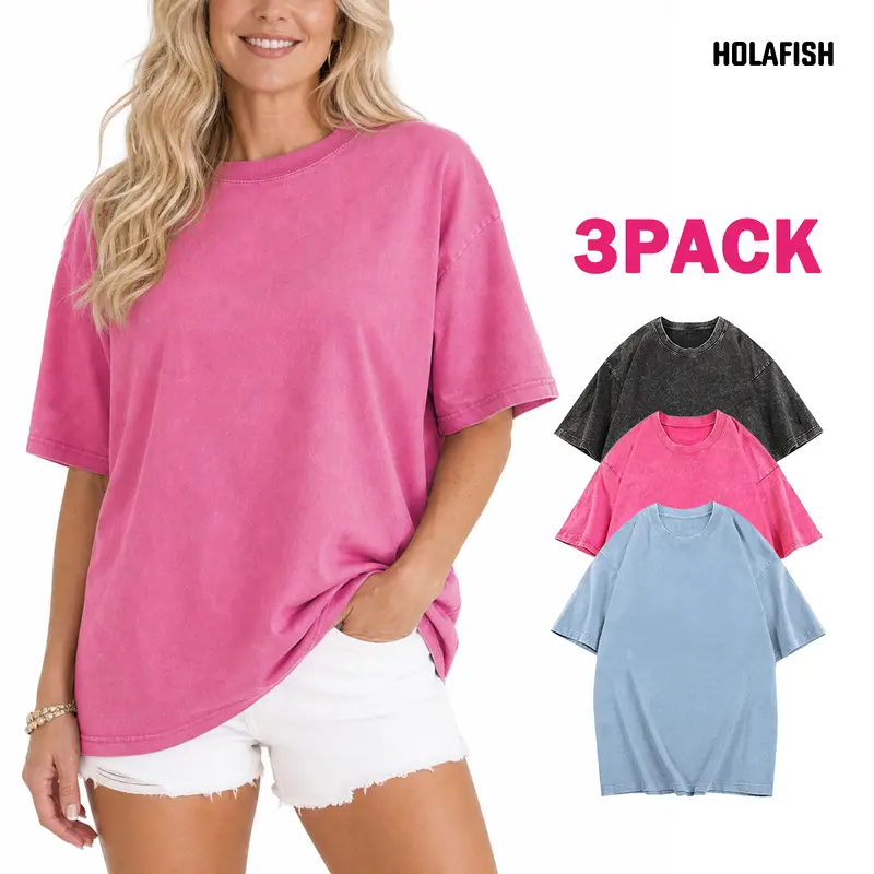 Holafish 3Pack Unisex Acid Washed Tshirt Cotton Fabric T-Shirts - Vintage Crewneck Half Short Sleeves, Casual Loose Solid Streetwear Tops, Soft Retro Acid Washed, Suitable for Beach, Fitness