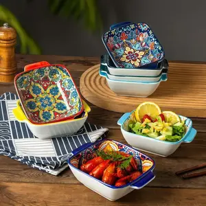 Bohemian Style Rectangular Double Handle Bowl Set, Colorful Baking Bowl, Dessert Bowl, Kitchen Tableware Set for Salad, Snack, Serving Bowls, Kitchenware Ceramics