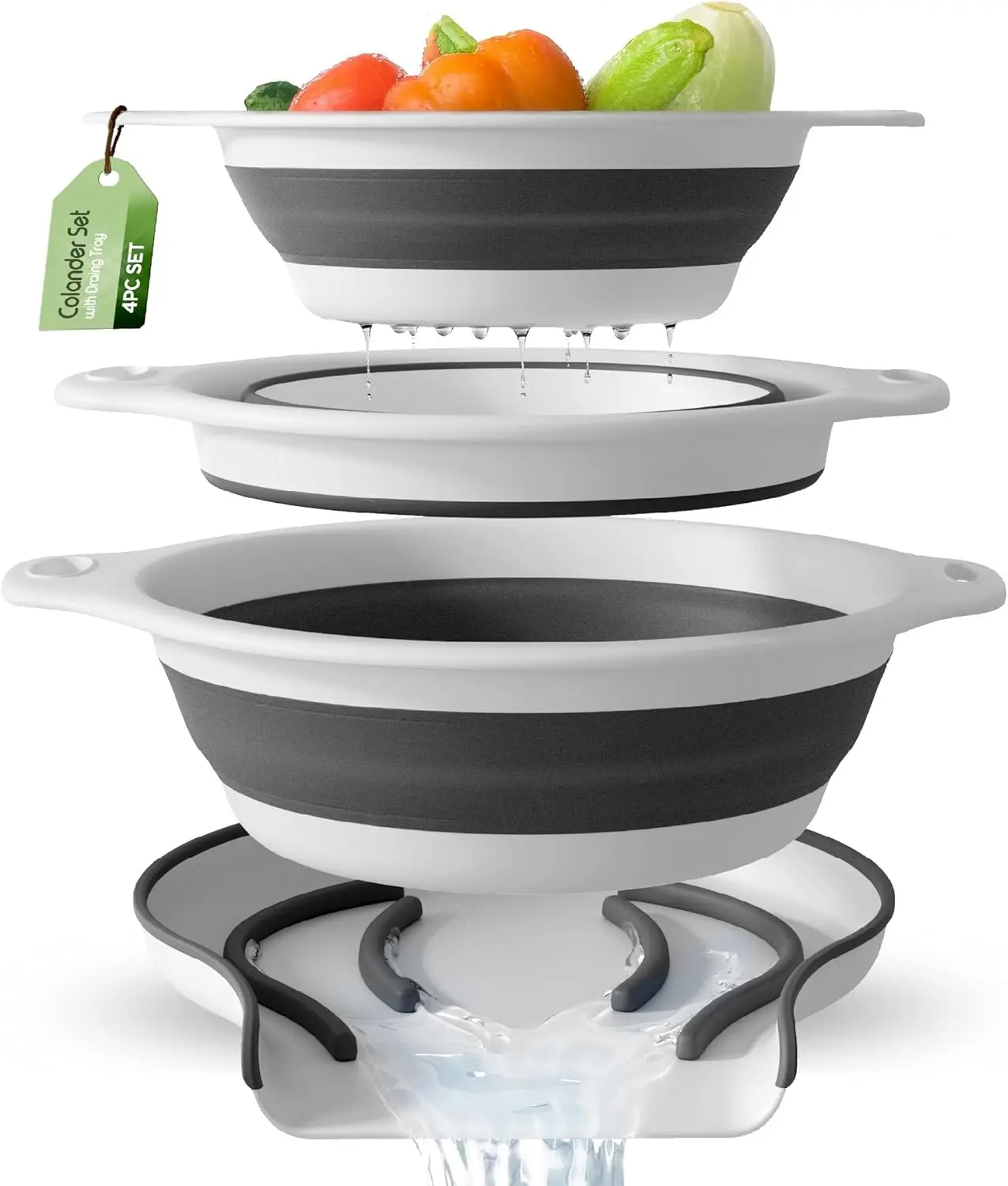 Gevoli Collapsible Colanders 3-Pack Kitchen Utensils Set with Over-Sink Draining Base, 3 Sizes (3QT, 4QT, 5QT) for Pasta, Fruits, Vegetables (Patent Pending, White)