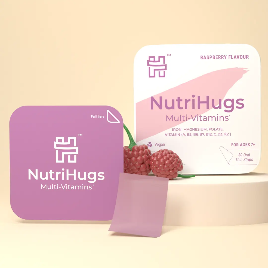 NutriHugs by MedHugs Organic 11-Multi-Vitamin Thin Film Strips Dietary Supplement with Iron - 30 Raspberry Flavored Oral Melts, Unidose, Vegan, Non-GMO, Sugar-Free - For General Health, Gluten Free, Fragrance Free