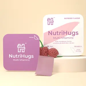 NutriHugs by MedHugs Edible Organic 11-Multi-Vitamin Thin Film Strips Dietary Supplement with Iron - 30 Natural Raspberry Flavored Oral Melts - Vegan, Non-GMO, Sugar-Free - For General Health