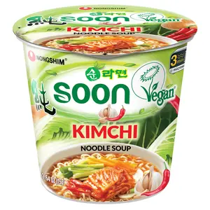 Nongshim Soon Kimchi Flavor Instant Vegan Ramen Noodle Soup Mix Cup - Microwaveable Cup, Ambient, Meatless Korean Food with Real Kimchi Flakes, Salt-Infused
