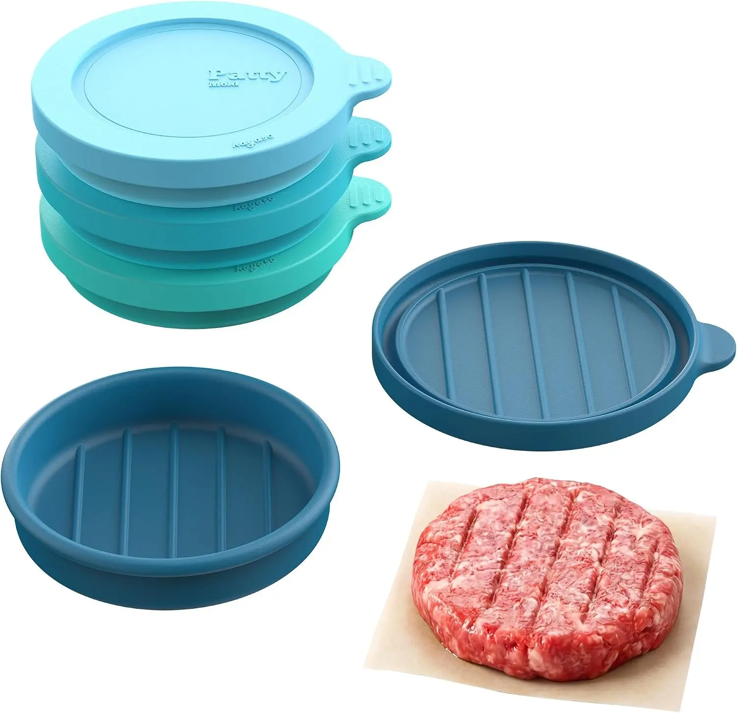 Nonstick Food-Grade Silicone Burger Patty Mold with Lid, Burger Press for 1/4 lb Patties, Patty Maker for Beef Chicken Veggie Burgers, Food Freezer Container 4 Pack