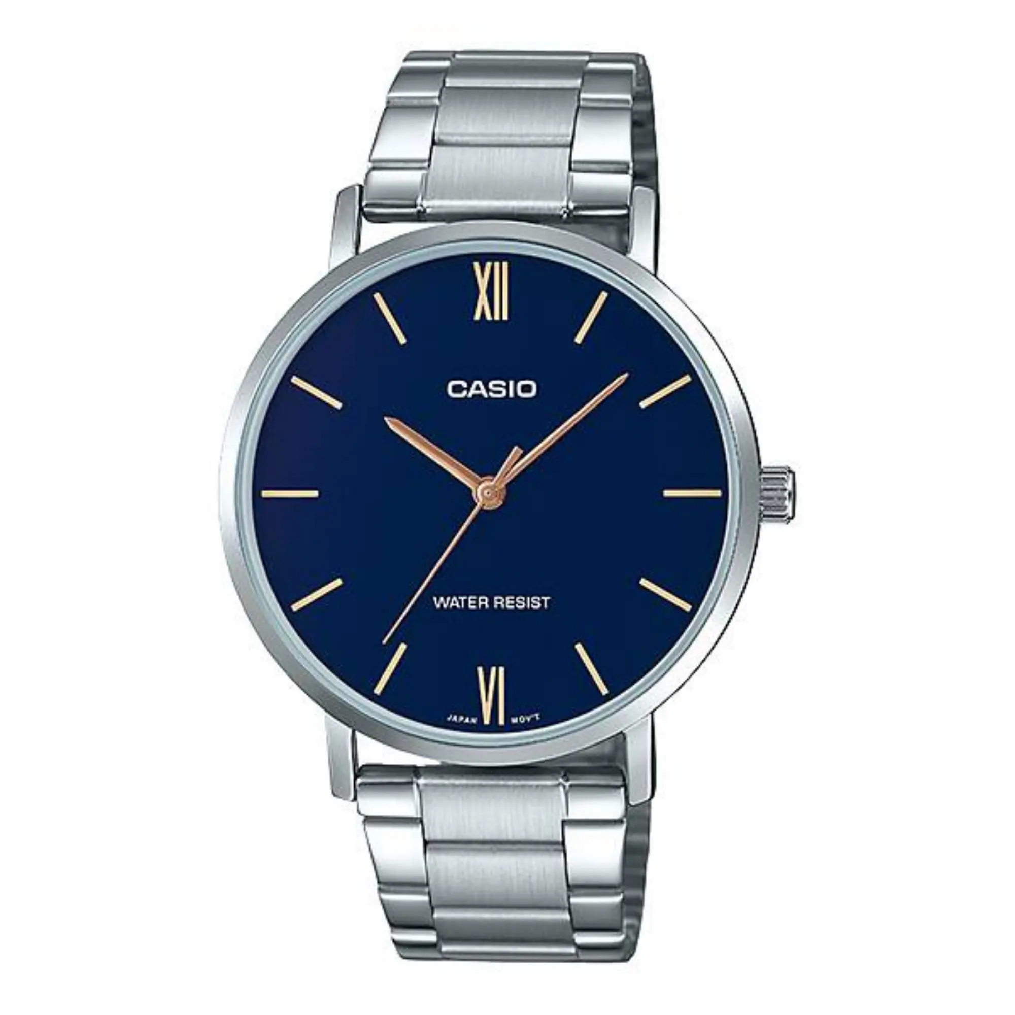Casio Men’s Silver Bracelet Analog Watch with Blue Dial - MTP-VT01D-2BUDF