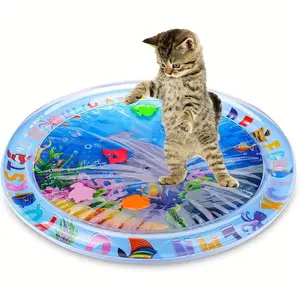 Interactive Water Sensory Cat Play Mat, Indoor Cat Stress Relief PVC Pad, Splash-Proof Kitten Kick Toy with Floating Fish Design
