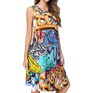 Street Music Graffiti Hip Hop Print Sleeveless Midi Dress Y2K Summer Swing Dress Casual Womenswear Full-Frame Printing