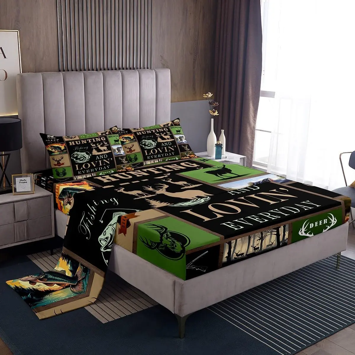 Feelyou Breathable Durable Microfiber Bed Sheet Set - Big Pike Fish, Deer, Antlers, Fishing Rod Themed Hunt & Fish Bedding for Teens Boys, Breathable Durable Sheets
