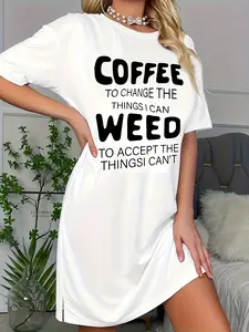 Soft Micro Elastic Summer White Heart Print -Sleeved Crew Neck Night Dress - Machine Washable, Casual, Comfortable Homewear For  - Perfect For Lounging Or Meeting Guests Loungewear Nightwear Cotton Womenswear Crewneck Shortsleeve vestido  de Cute