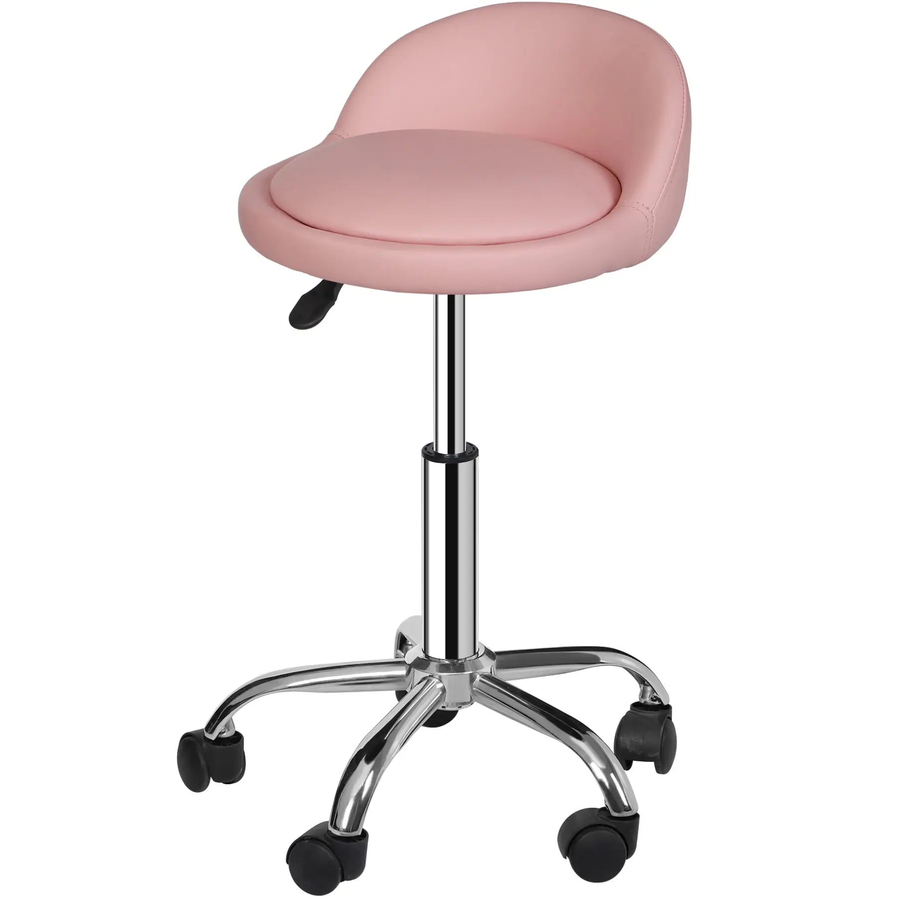 Segawe Round PU Leather 360-Degree Swivel Vanity Chair - Ergonomic Upholstered Modern Pink Indoor Spa Stool with Adjustable Seat Height, Rolling Wheels, Backrest That Eases Strain, D25 Sponge Cushions for Pressure Relief