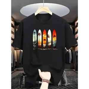 100% Cotton Retro Surf T-Shirt with 5-Panel Vertical Surfboard & Tropical Beach Scenes - Hawaiian Palm Tree Sunset Print, Short Sleeve Casual Summer Shirt for Surfing, Beachwear, Vacation Outfits (Machine Washable)