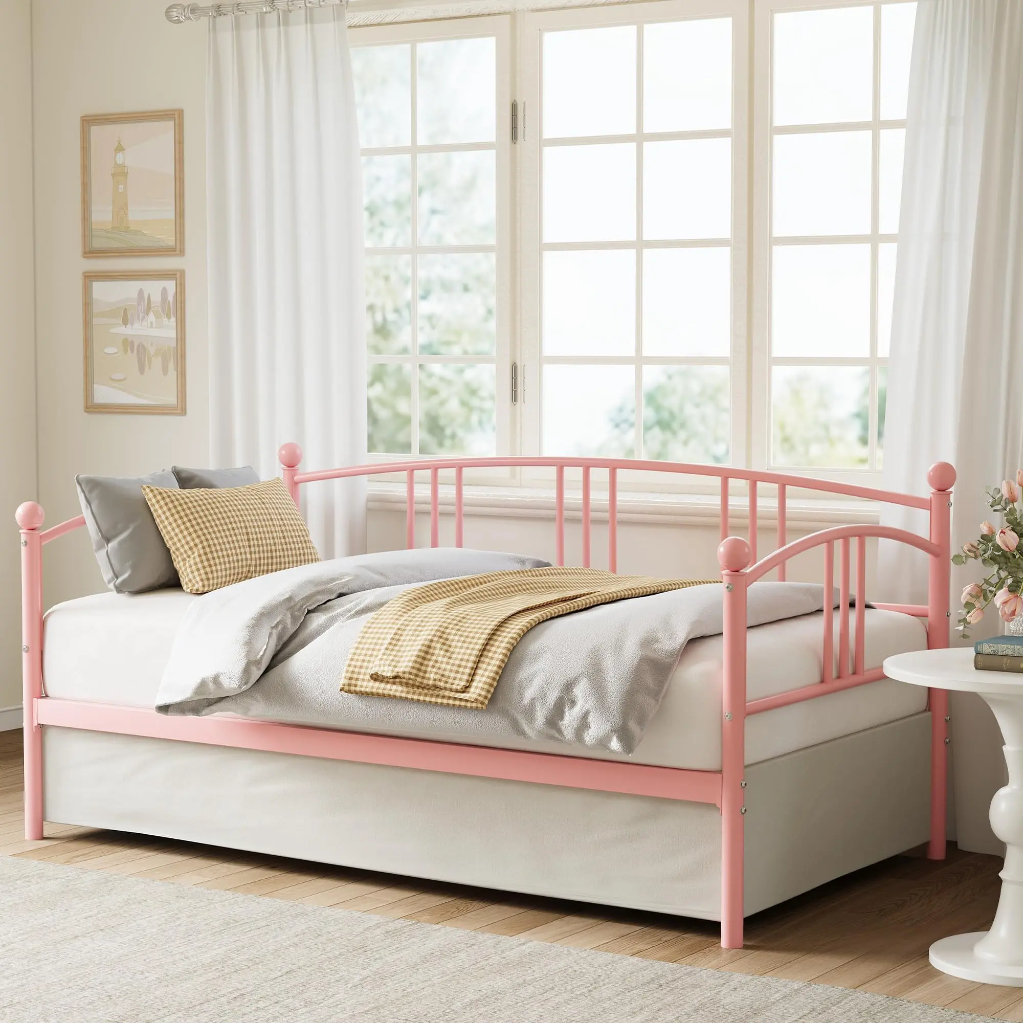 Garvee Twin Metal Daybed with Steel Slat Support Sturdy Frame Arched Headboard Optional Pullout Trundle with Casters in Pink Purple White Black for Bedroom Guest Room