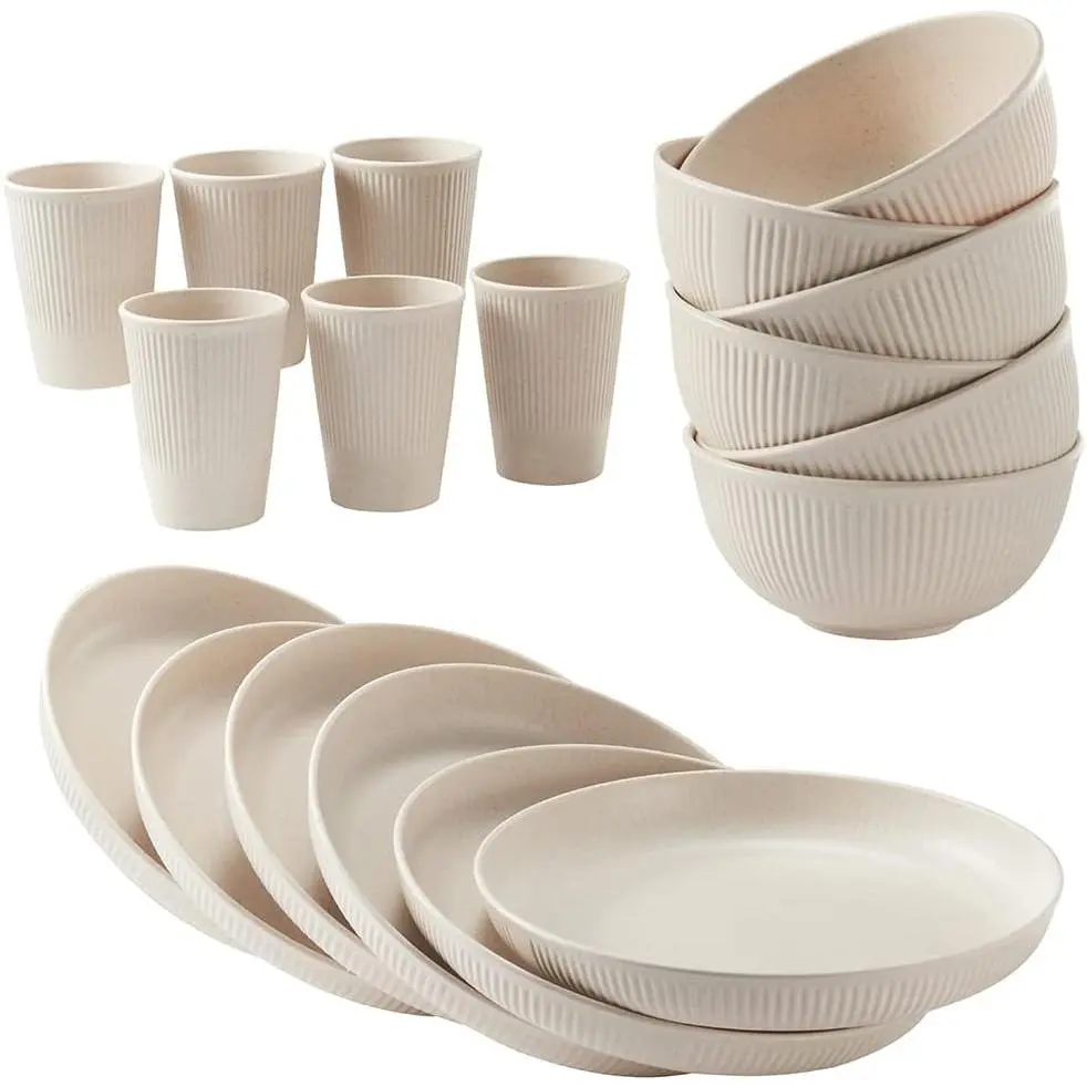 18pcs Wheat Straw Unbreakable Reusable Tableware Set - Kitchen Cups, Plates, Bowls - Dishwasher & Microwave Safe for Home, Festive & Party Use, Cutlery Set
