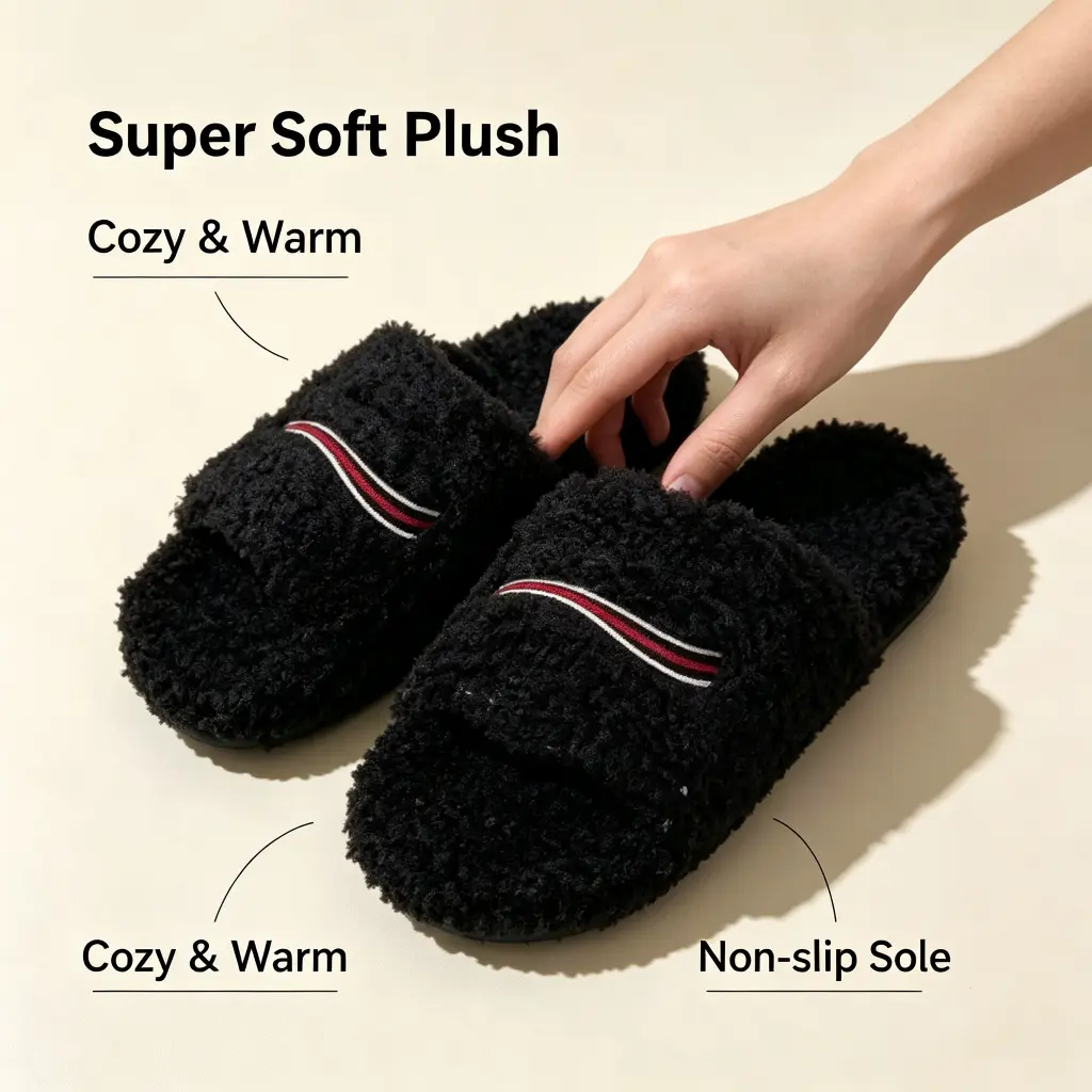 1:1 Super Soft Fluffy Plush Slippers Unisex Open Toe Fuzzy House Slippers Cozy Warm Stripe Decor Indoor Slide Fur Slippers Non Slip Sole Comfort Home Footwear