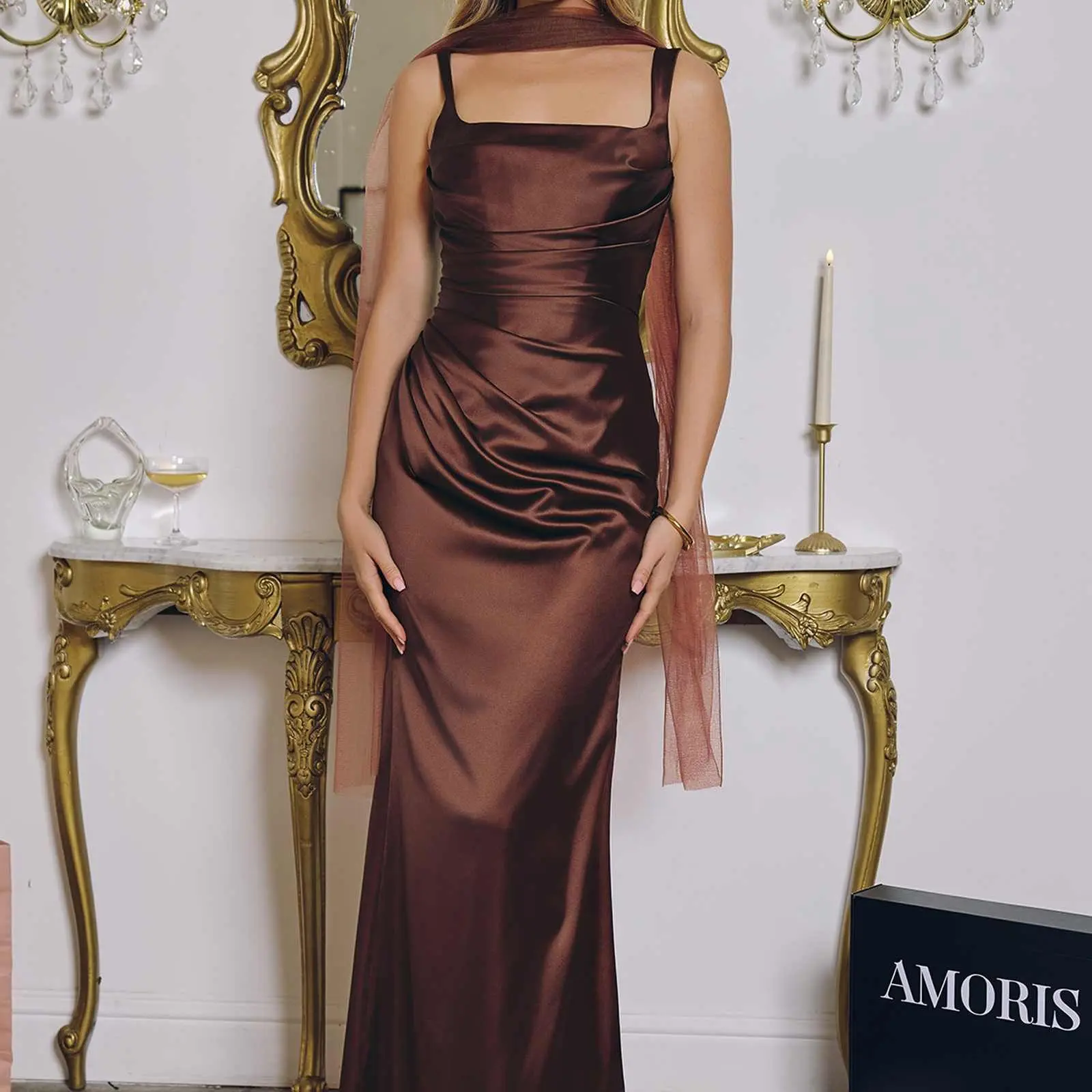 Amoris T729 Sleek Satin Adjustable Straps Fitted Gown