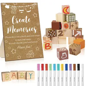 43 Pcs Baby Shower Games Set, Decorate A Block Game Kit Including 1 Wooden Sign 30 DIY Wooden Blank Blocks 12 Color Marker Ideal for Gender Reveal Party Activity, Party Decoration Supplies, Personalized Present, Party Gift