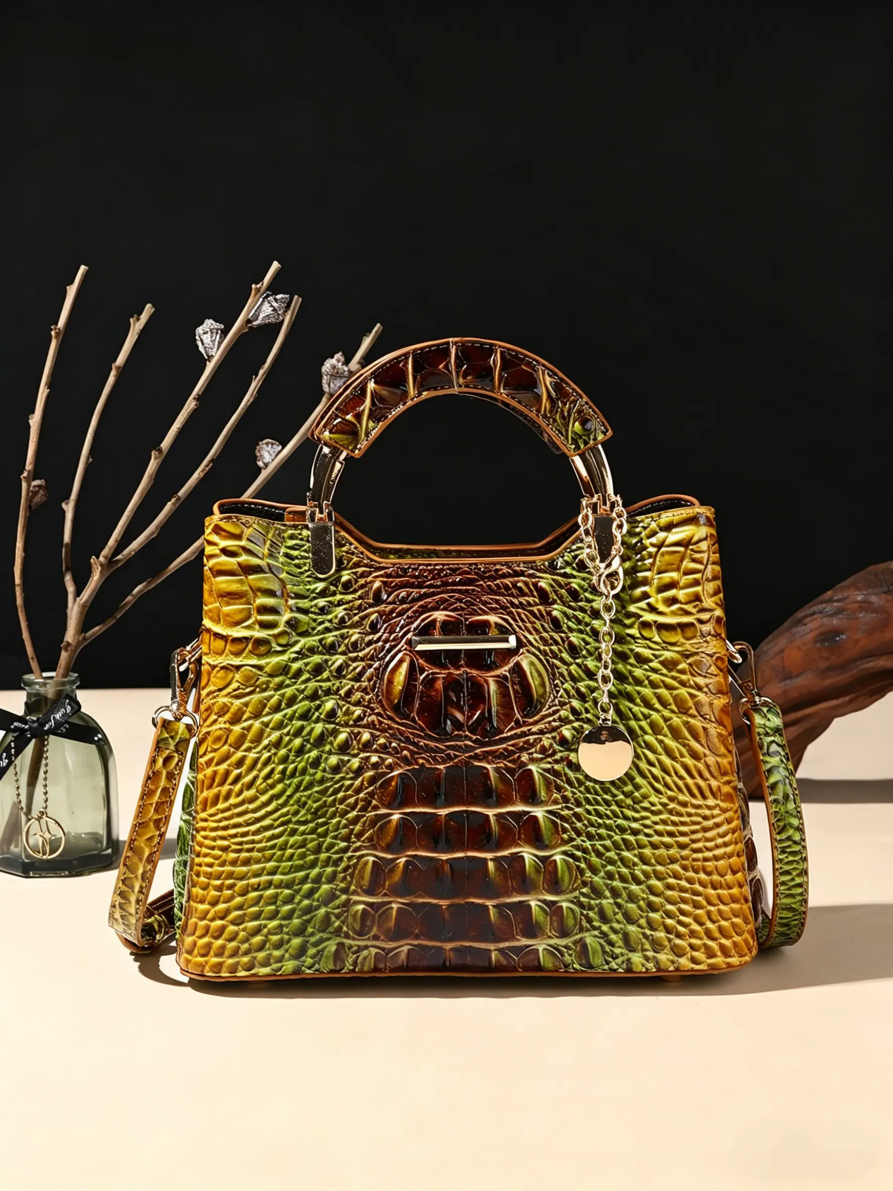Women's Crocodile Embossed Yellow Ombre PU Leather Boston Bag - Fashionable, Elegant, Lightweight Handbag for Women with Top Handle and Detachable Crossbody Strap, Fashionable Bags