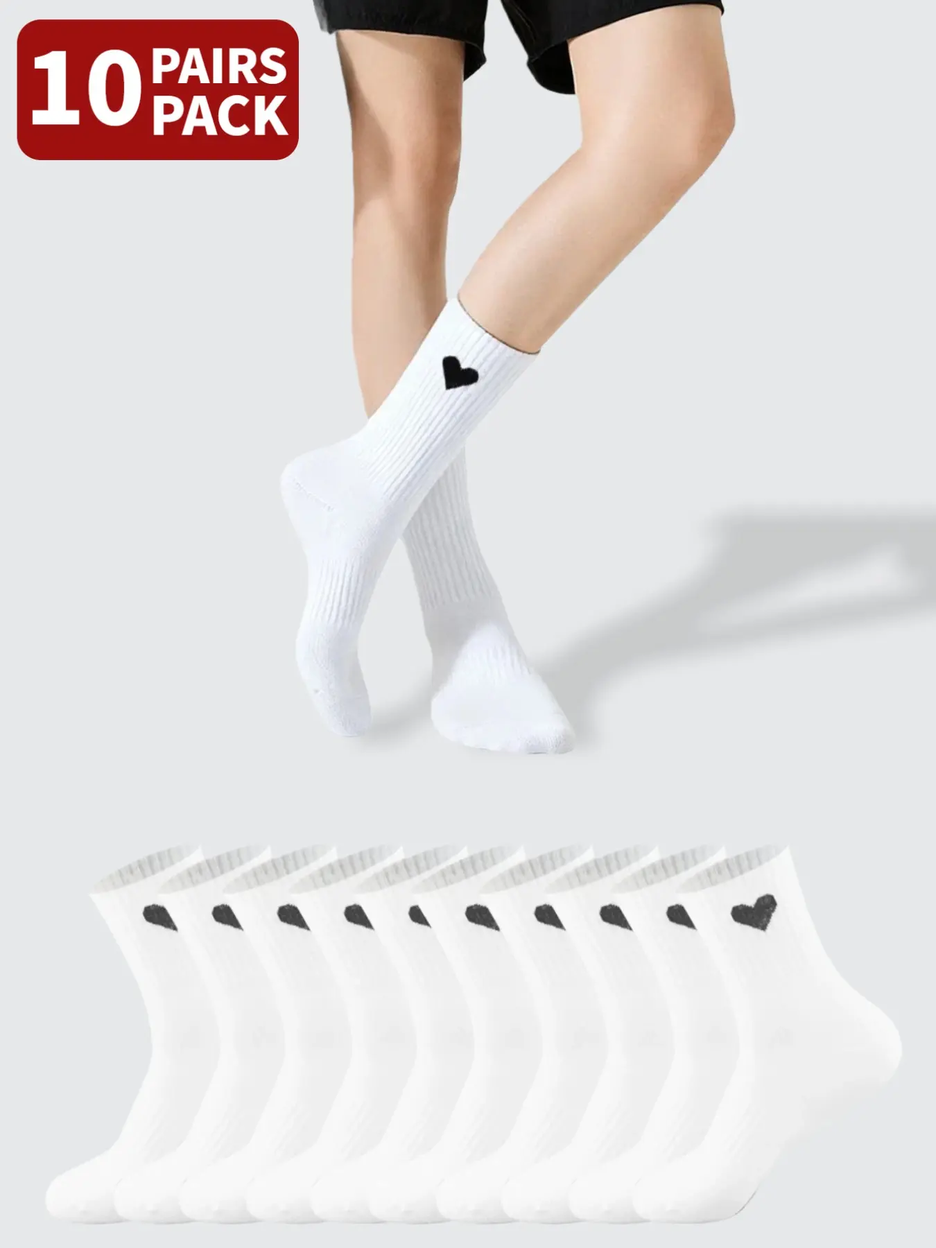 10 pairs of black and white heart-patterned socks, black and white mid-calf socks, unisex solid-color mid-calf socks, women's athletic socks, men's athletic socks, all-season Sporty style