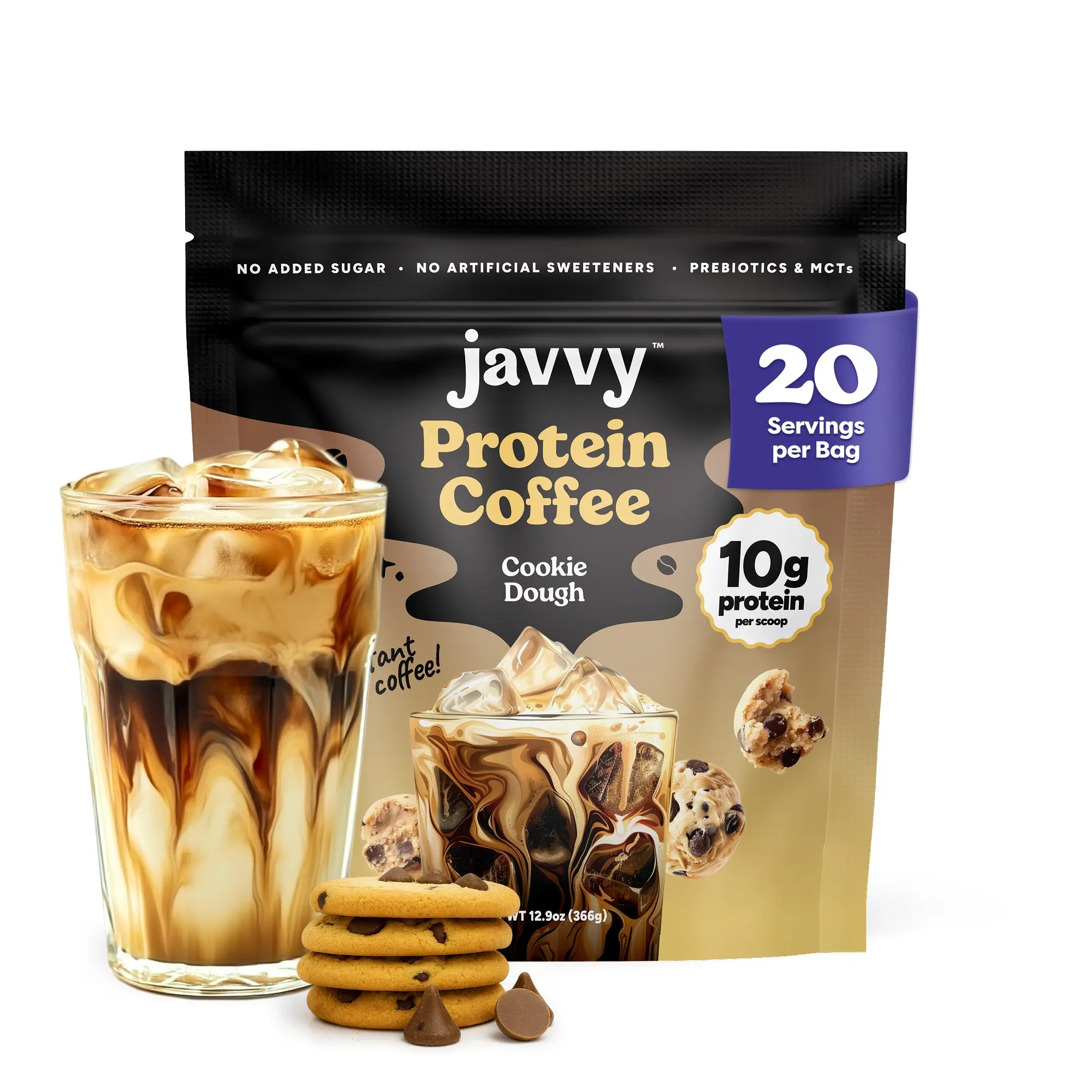 Javvy Cookie Dough Protein Iced Coffee Beverage - Premium Whey Protein, Premium Arabica Cold Brew Instant Mix - 100% Natural, 0 Artificial Flavors & Sweeteners, 80mg Caffeine Per Serving, 20 Servings, Premium Arabica Coffee