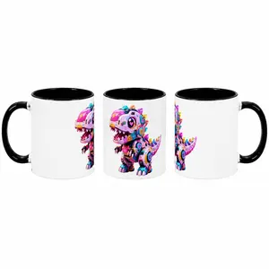 11oz Dopamine Robot Dinosaur Ceramic Mug - Kawaii Cyberpunk T-Rex Coffee Cup, Black Interior, Microwave & Dishwasher Safe