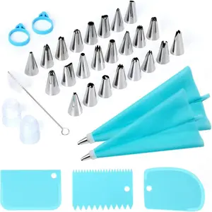 34 count Piping Bags and Tips Set, Bake Cake Decorating Kit with 24 Stainless Steel Tips, 2   Pastry Bags, 3 Icing Smoother, 2 Couplers, 2 Frosting Bags Ties and 1Pipe Brush